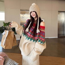 批发费尔岛圣诞<b class='q'>毛衣</b>女冬季穿搭一字肩针织衫宽松显瘦氛围感软糯上衣潮