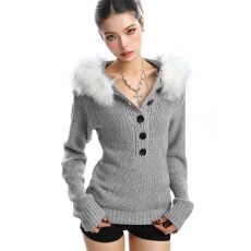 批发NEW日系辣妹毛毛领慵懒风修身<b class='q'>毛衣</b>绒女秋季收腰连帽针织衫上衣