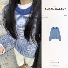 批发<b class='q'>毛衣</b>女秋冬新款韩系慵懒风宽松显瘦复古蓝色条纹长袖百搭针织上衣