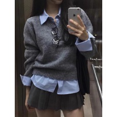 批发韩国chic2026春季新款法式学院风翻领拼接假两件百搭长袖针织衫女