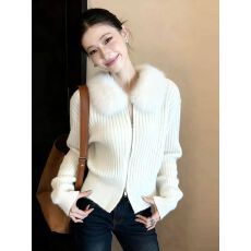 批发<b class='q'>毛衣</b>外套女2025秋冬新款毛领双拉链针织开衫温柔风保暖百搭上衣