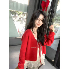 批发红色复古长袖针织开衫外套女秋冬2025新款系带软糯休闲小个子<b class='q'>毛衣</b>