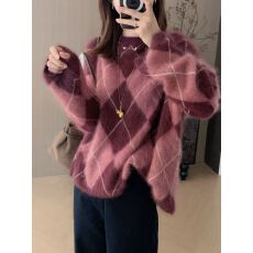 批发法式复古菱格软糯毛衣女2025秋季新款宽松慵懒风设计感小众针织衫
