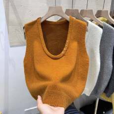 批发韩系简约侧扣U领毛衣背心女秋冬新款内搭叠穿宽松无袖针织<b class='q'>马甲</b>潮