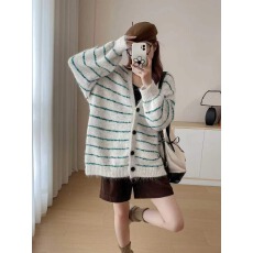 批发条纹V领慵懒风长袖毛衣女2025秋季新款复古高级感宽松针织上衣潮