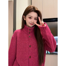 批发韩系穿搭多巴胺立领加厚毛衣<b class='q'>外套</b>女秋冬慵懒风宽松针织开衫上衣潮