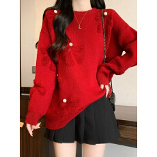 批发秋冬春新年红色花朵毛衣宽松慵懒风针织<b class='q'>打底衫</b>上衣