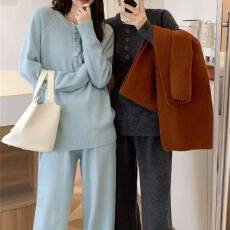 批发2025秋季新款时尚休闲针织套<b class='q'>装裤</b><b class='q'>女</b>韩版宽松毛衣阔腿裤<b class='q'>长</b>裤两件套