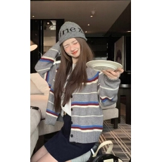 批发2025秋冬新款韩版休闲百搭宽松圆领撞色条纹<b class='q'>针织</b><b class='q'>开衫</b>毛衣外套女