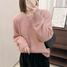 批发新款大码提花镂空纯色长袖<b class='q'>针织</b><b class='q'>开衫</b>纽扣宽松韩版甜美气质女生毛衣