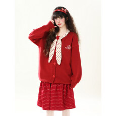 批发甜美波点领巾红色毛衣女秋冬新款设计感宽松圣诞<b class='q'>针织</b>外套