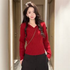 批发韩系穿搭红色麻花长袖针织打底衫<b class='q'>女</b>秋冬修身显瘦毛衣内搭连帽上衣