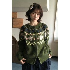 批发绿色复古费尔岛毛衣开衫<b class='q'>女</b>2026春装新款穿搭宽松软糯厚上衣