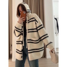 批发韩系秋冬新款连帽针织开衫<b class='q'>女</b>上衣中长款宽松慵懒风条纹毛衣<b class='q'>外套</b><b class='q'>女</b>