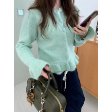 批发薄荷绿荷叶边针织开衫女早春季新款设计感显瘦短款毛衣外套上衣