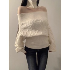 批发韩系露肩一字领针织衫毛衣<b class='q'>女</b>2026春季新款设计感软糯纯色百搭上衣