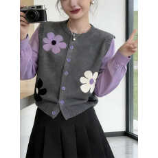 批发花朵印花假两件毛衣<b class='q'>女</b>2026春季新款慵懒感宽松显瘦百搭衫针织上衣