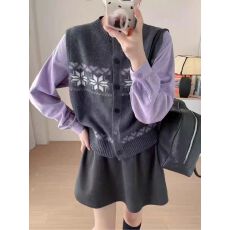 批发圆领假两件提花撞色针织开衫<b class='q'>女</b>2026年春季新款衬衫袖显瘦上衣<b class='q'>外套</b>