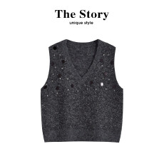 批发那些事衣橱韩系V领重工钉钻马甲背心<b class='q'>女</b>秋冬款时尚叠穿亮闪闪坎肩