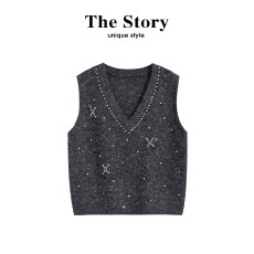 批发V领重工钉珠亮闪闪针织马甲<b class='q'>女</b>秋冬款气质叠穿无袖背心