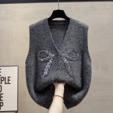 批发韩版亮片开衫v领针织马甲背心2026春季宽松外穿马夹叠穿毛衣坎肩