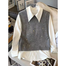 批发针织<b class='q'>马甲</b>女早秋季新款坎肩外套时尚洋气上衣百搭减龄镶钻圆领背心