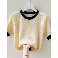 批发圆领冰丝短袖<b class='q'>T</b><b class='q'>恤</b>女夏季新款拼色镂空透气薄款宽松针织衫