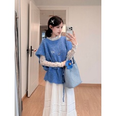 批发温柔慵懒风蓝色韩系软糯上衣坎肩叠穿针织衫背心<b class='q'>马甲</b>套头毛衣女春