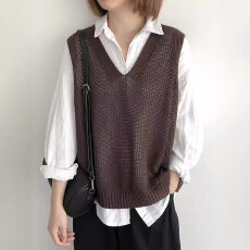 批发大码春秋新款文艺针织纯色缕空V领棉线无袖宽松女士叠穿<b class='q'>马甲</b>背心