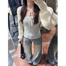 批发早春纯欲辣妹穿搭套装韩系甜美风撞色条纹抹胸叠穿针织<b class='q'>开衫</b>两件套
