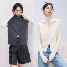 批发现 立领针织<b class='q'>马甲</b>女秋冬2026新款双拉链翻领灰色背心毛衣开衫外套