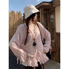 批发2026新款温柔设计感抽绳V领毛衣<b class='q'>女</b>秋软糯镂空钩花宽松针织衫上衣