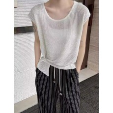 批发韩版蓝色冰丝针织衫t恤无袖小衫<b class='q'>女</b>夏季2026新款圆领背心洋气上衣