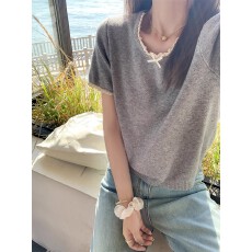 批发蕾丝边拼接短袖针织衫T恤<b class='q'>女</b>2026春新品小个子百搭显瘦上衣
