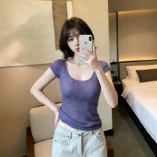 批发韩式紫色U领短袖T恤女夏季修身显瘦针织上衣