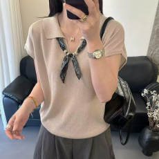 批发天爽亚麻POLO领短袖女2026夏季新款薄款针织上衣领带丝巾宽松T恤