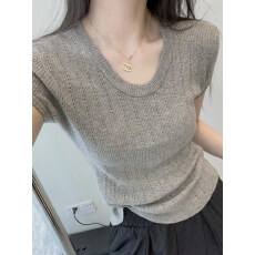 批发针织短袖内搭T恤女2026早春季<b class='q'>新款</b>镂空修身显瘦气质套头收腰上衣