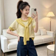 批发学院风条纹绑带披肩圆领短袖<b class='q'>t</b><b class='q'>恤</b>女夏季修身正肩外穿针织休闲上衣
