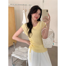 批发韩版设计感抽绳短袖针织衫女夏季减龄不对称修身<b class='q'>T</b><b class='q'>恤</b>高端气质上衣