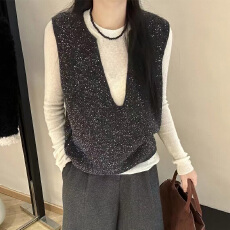 批发2026秋冬慵懒风V领亮片针织<b class='q'>马甲</b>女新款时尚百搭套头叠穿毛衣女