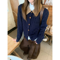 批发藏蓝拼咖格复古麻花假两件针织<b class='q'>开衫外套</b>女冬季宽松百搭上