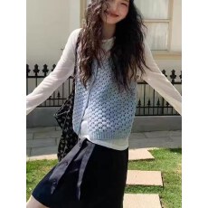 批发慵懒风镂空针织马甲女春秋外搭温柔减龄叠穿背心上衣<b class='q'>打底衫</b>马甲