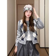 批发韩系菱格针织<b class='q'>开衫</b>女秋季圆领小个子毛衣外套复古学院显瘦外穿上衣