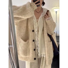批发灰色V领毛衣外套女复古慵懒风软糯宽松韩版秋加厚灯笼袖针织<b class='q'>开衫</b>