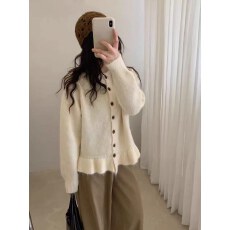 批发韩系慵懒风下摆木耳边圆领针织<b class='q'>开衫</b>女春秋冬新款时尚减龄毛衣外套