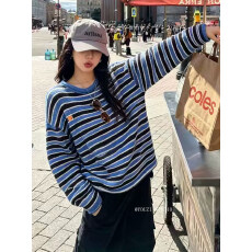批发韩系原单火柴人条纹套头针织衫上衣女秋装卷边圆领<b class='q'>毛衣</b>