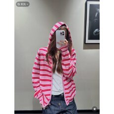 批发火柴人连帽外套超显白宽松遮臀上衣秋冬新款条纹撞色休闲拉链<b class='q'>开衫</b>