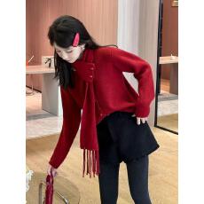 批发设计感可拆卸围巾<b class='q'>毛衣</b>女冬季新年圣诞红色宽松软糯针织衫显白上衣