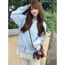批发慵懒风韩版蓝色麻花纹针织开衫<b class='q'>女</b>早秋新款甜美风百搭<b class='q'>毛衣</b>外套上衣