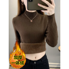 批发秋冬加绒<b class='q'>毛衣</b>女加厚一体绒内搭半高领套头打底针织衫保暖上衣